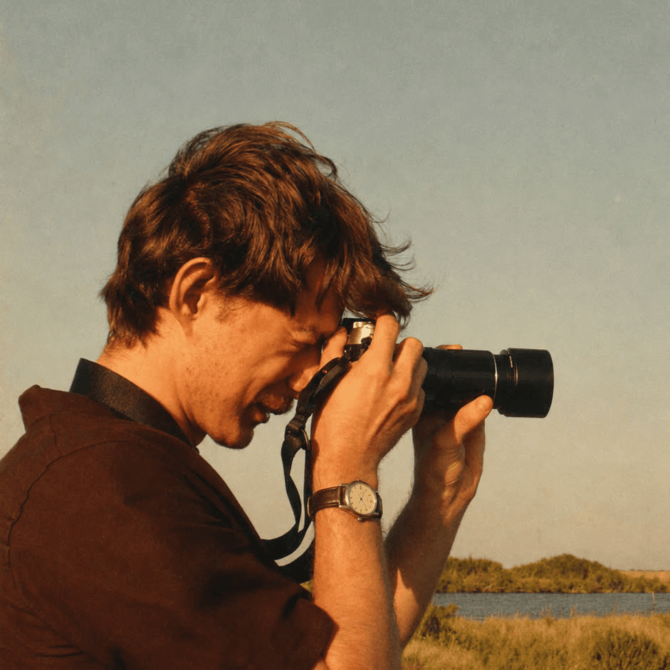 Loic looking through a camera outdoors
